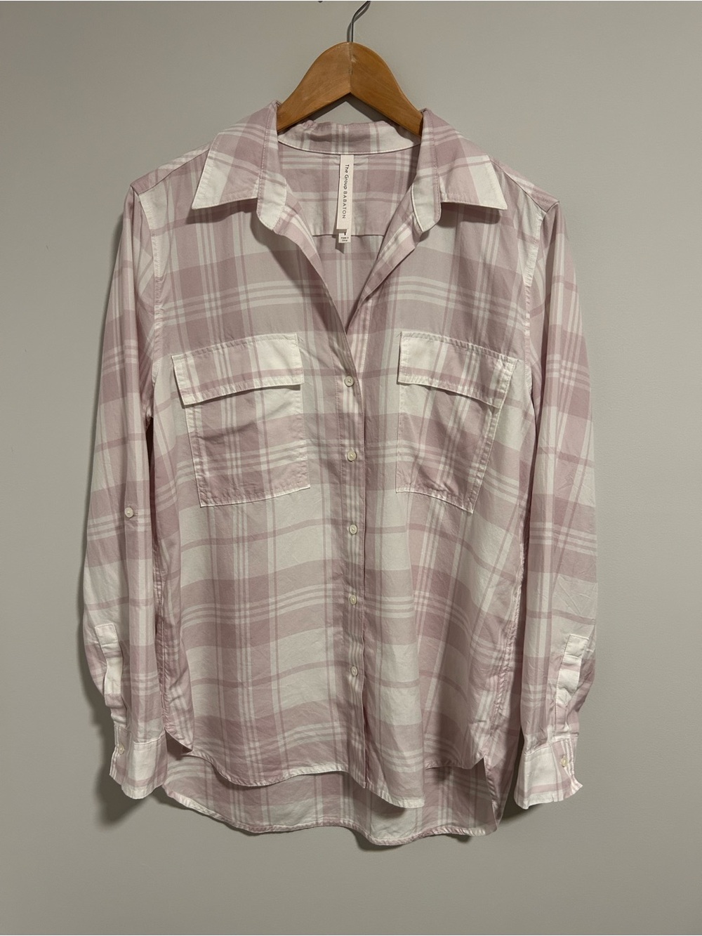 Aritzia Babaton Soft Pink and White Plaid Utility Button Down Shirt, Size Small